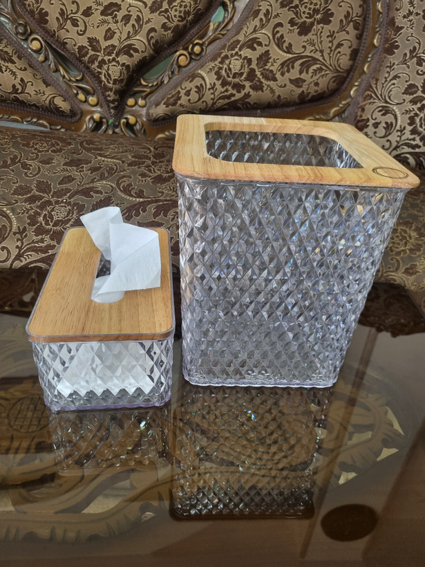 ست سطل و جادستمال کاغذی کریستالی درب بامبو